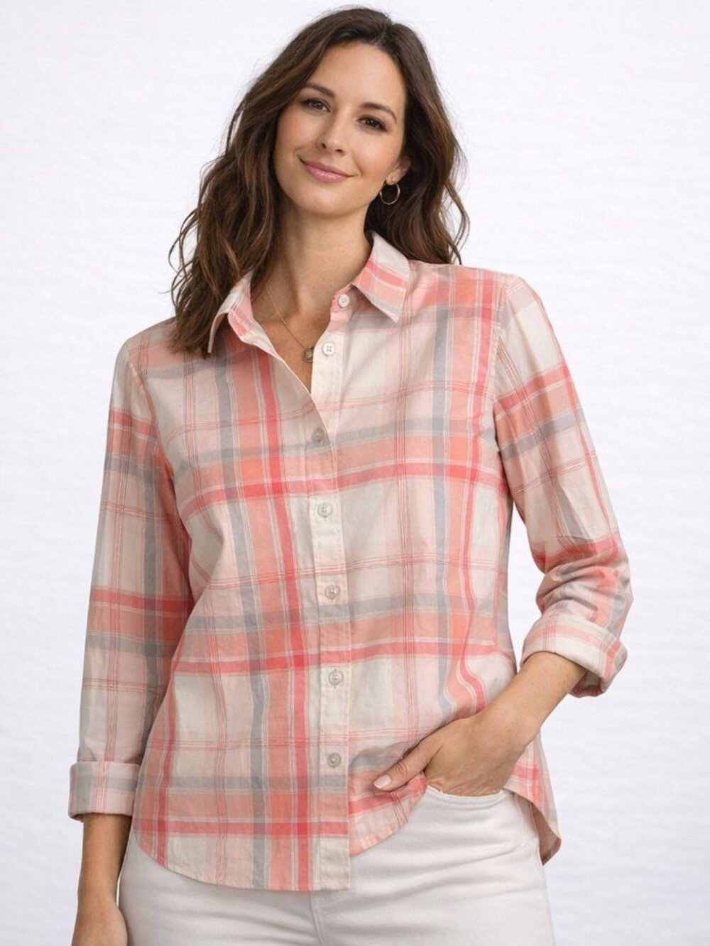 Talbots Womens Small Coral Peach Plaid Button Up Shirt Cotton Classic Fit Blouse